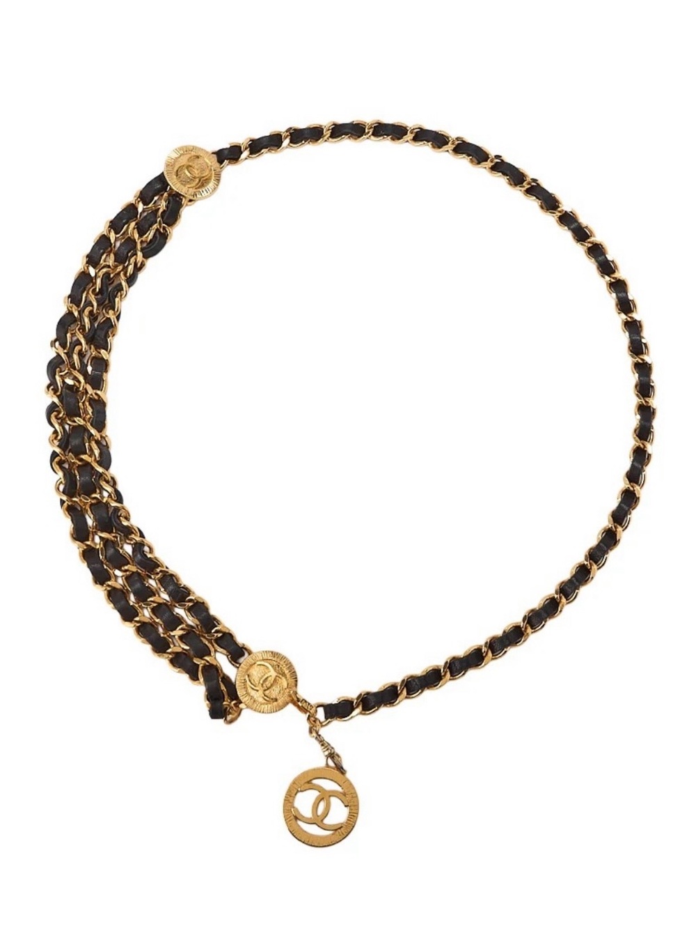 Authentic CHANEL black chain 1984 vintage runway leather link belt 80cm